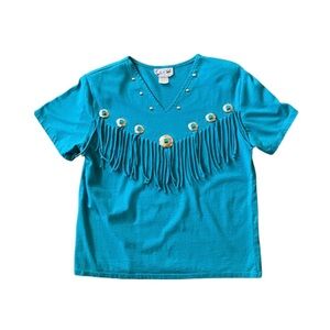 Vintage Blue Single-Stitch Western Fringe T-Shirt - Size M